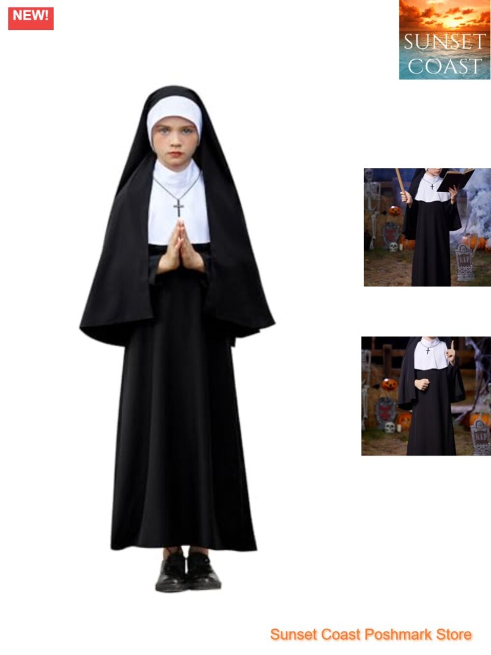 Girls Nun Halloween Costume High Neck Dress Headpiece Necklaces Set